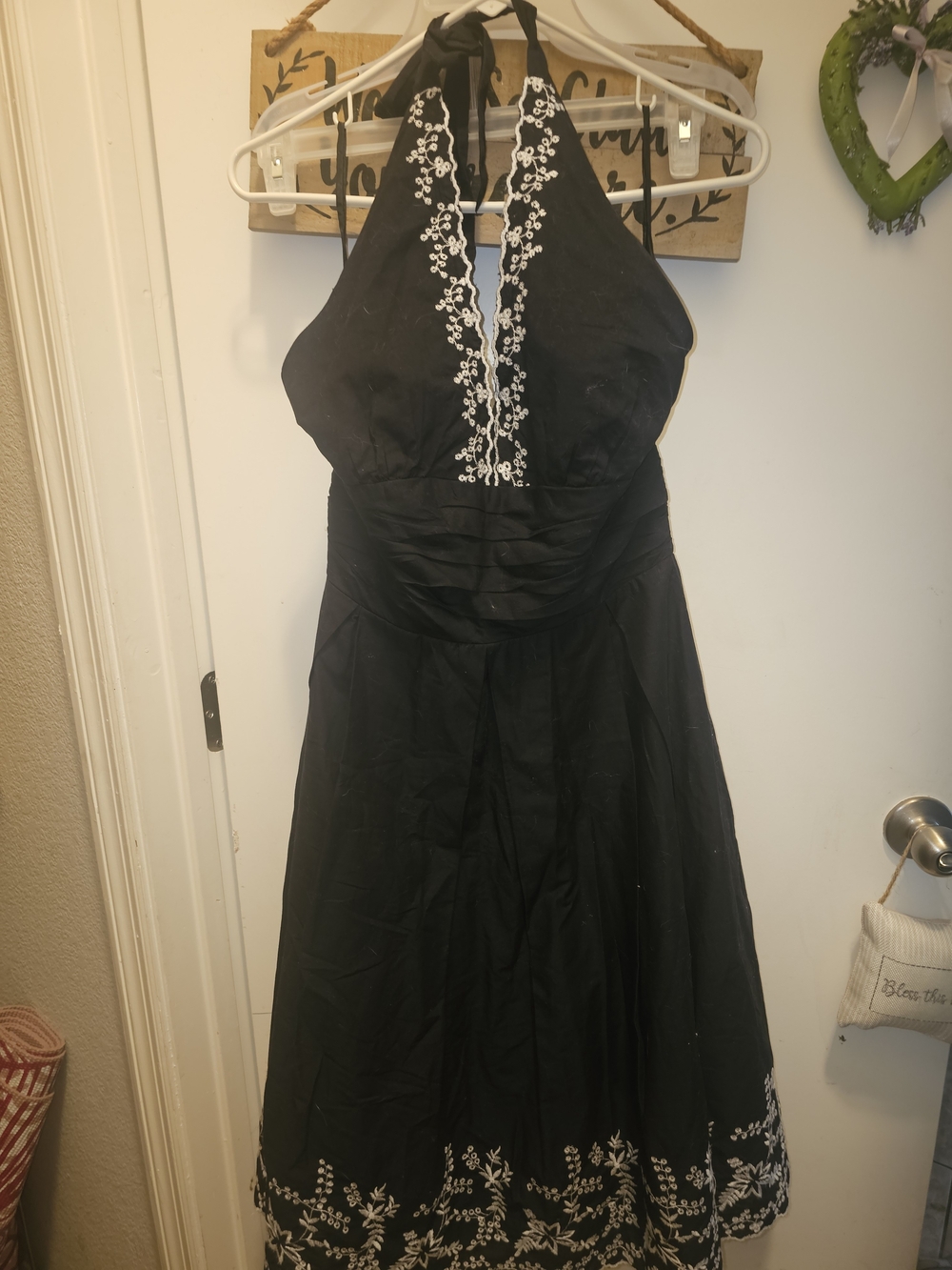 Robbie Bee Black Halter Dress with White Floral Embroidery